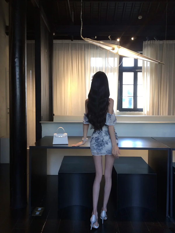 Navy blue printed one-shoulder waist slim hip skirt homecoming dress R5075