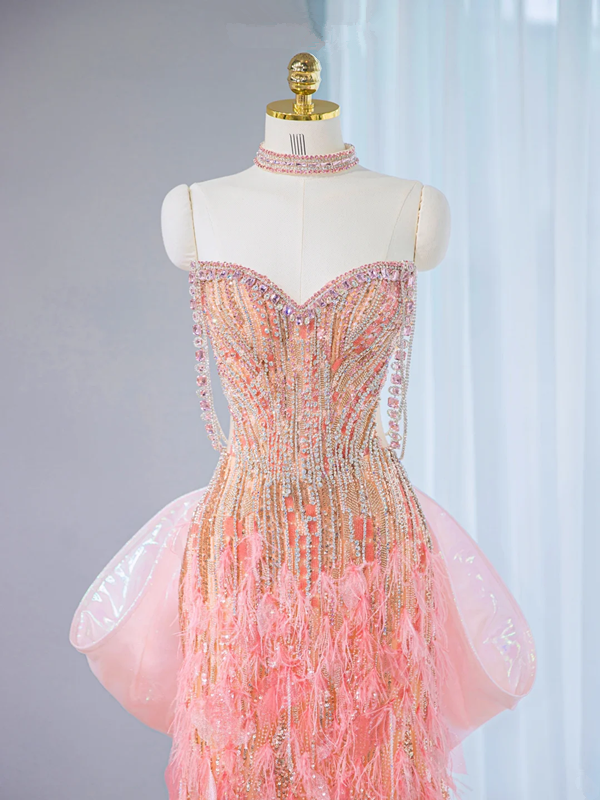 Pink strapless fitted long ball gown, bridal dress R9032