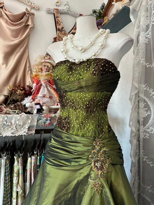 Dark green strapless A-line long ball gown R6326