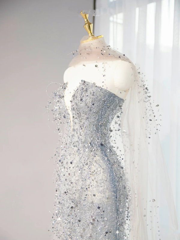 Gray strapless fitted long ball gown R9002