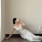 White V-neck sequin waist-cinched slim-fit bodycon long prom dress R7952
