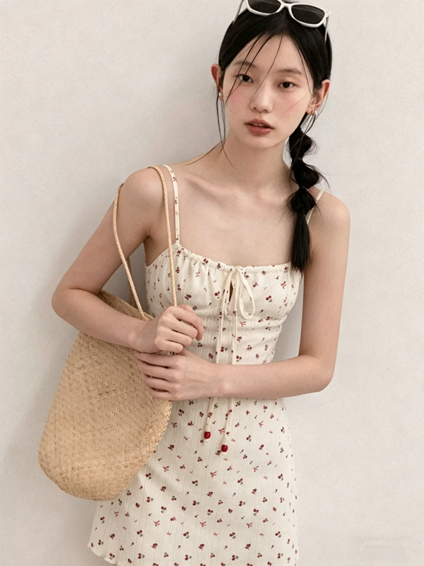 Soft Cherry Print Cami Dress with Ruffled Hem R9170