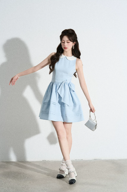 Retro Preppy Light Blue Sleeveless Dress, Peter Pan Collar with Bow Waist A-Line Mini Dress R9333
