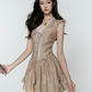 French Tea Party Mini Dress Women With Brown Tie Dye Print And Lace Trim R9427