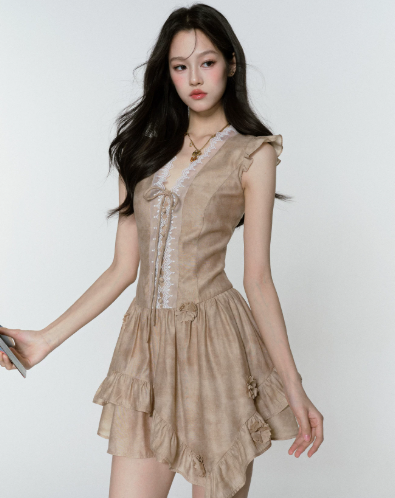 French Tea Party Mini Dress Women With Brown Tie Dye Print And Lace Trim R9427