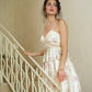 Cream Floral Cami Dress with Sheer Mesh Waist, High-Low Puff Skirt & Back Zipper R9184