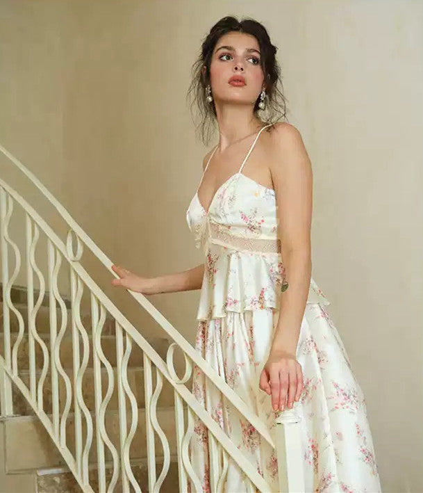 Cream Floral Cami Dress with Sheer Mesh Waist, High-Low Puff Skirt & Back Zipper R9184