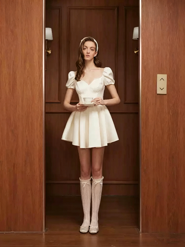 Balletcore Puff Sleeve Corset Mini Dress with Sweetheart Neck R9154
