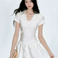 White Polo Neck Mini Dress Women With 3D Floral Detail And Textured Skirt R9421