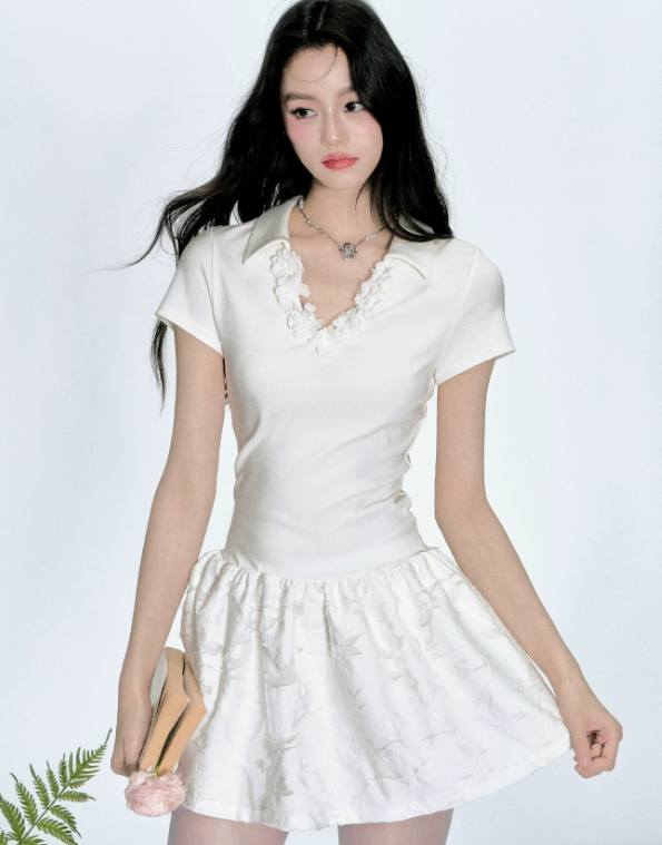 White Polo Neck Mini Dress Women With 3D Floral Detail And Textured Skirt R9421