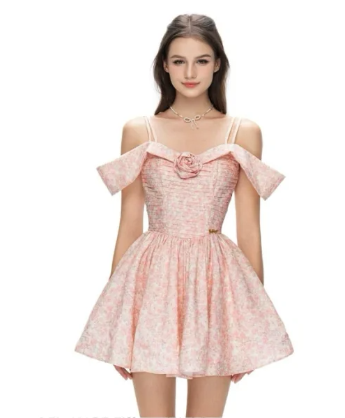 Pink floral halter one-shoulder waist slim fit A-line long skirt short skirt homecoming dress R4833