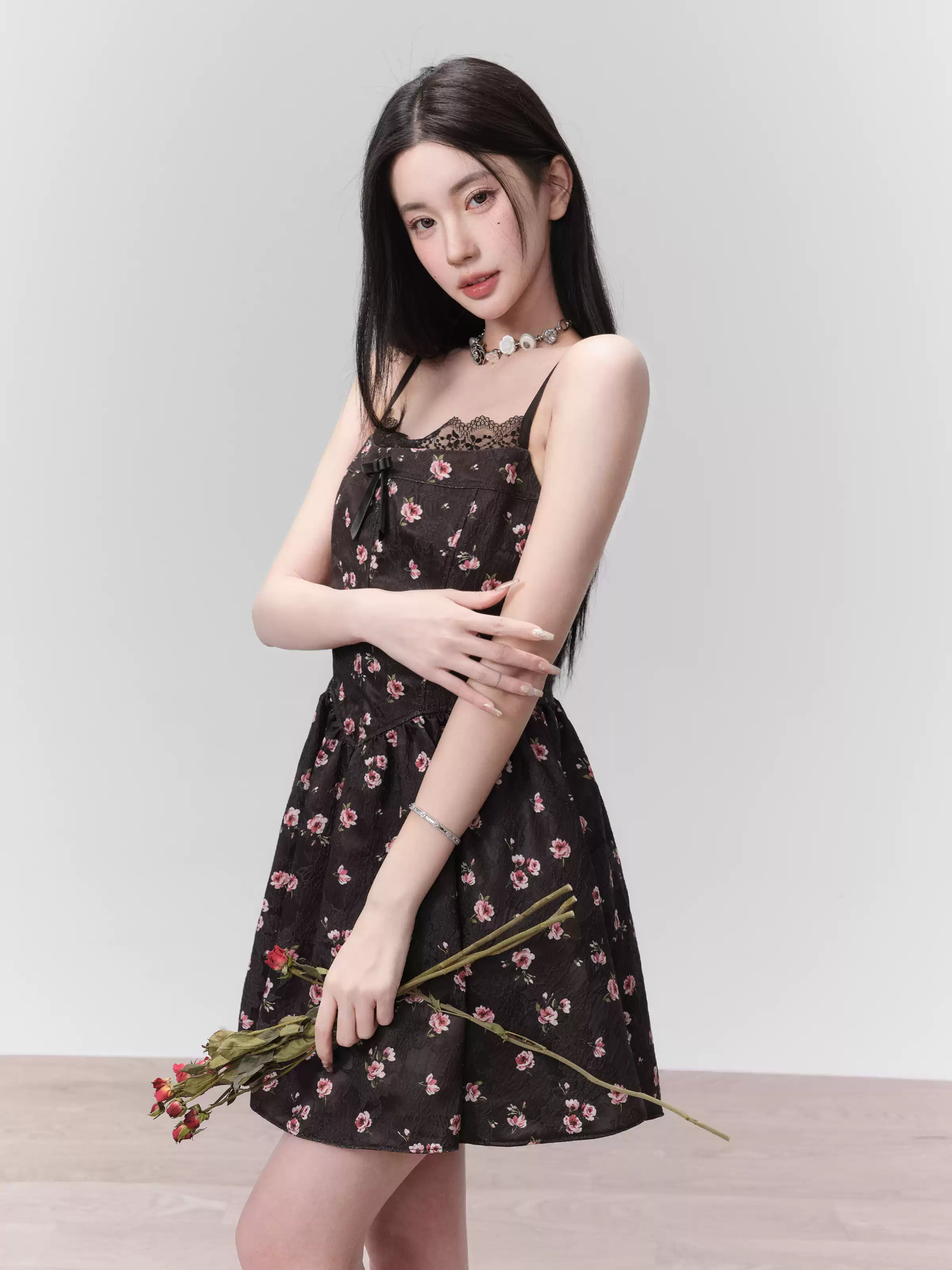 Black Floral Print Cami Dress Women With Lace Trim And Bow Detail R9449