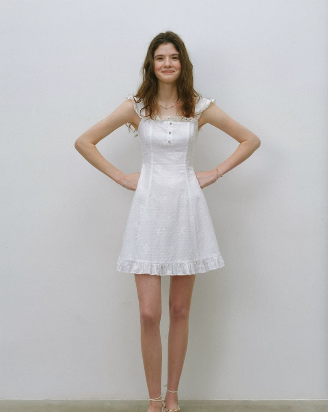 White Swiss Dot A-Line Mini Dress Women With Lace Ruffle Trim R9472