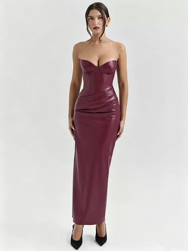 Elegant Pink Satin Strapless Long Dress with Tie Back Detail R9136