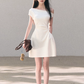 Off-White Off-Shoulder Mini Dress Women Ruched Waist A-Line Dress with Pockets R9361