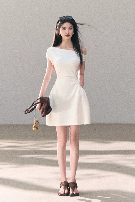 Off-White Off-Shoulder Mini Dress Women Ruched Waist A-Line Dress with Pockets R9361
