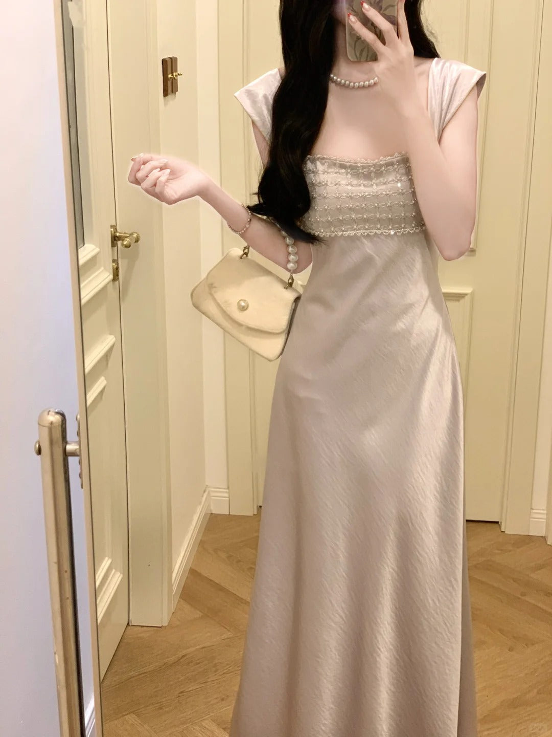 French Elegant Square Neck Satin Slip Dress R9124