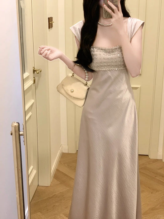 French Elegant Square Neck Satin Slip Dress R9124