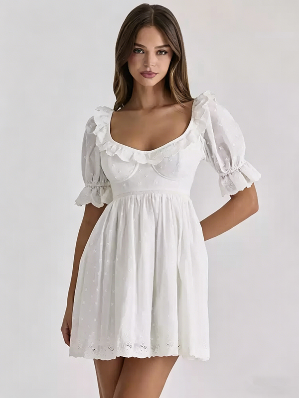 White Puff Sleeve Ruffled Babydoll Mini Dress R9138
