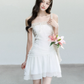 White Off The Shoulder Mini Dress Women With Lace Trim And Ruched Waist R9429