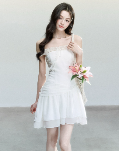 White Off The Shoulder Mini Dress Women With Lace Trim And Ruched Waist R9429