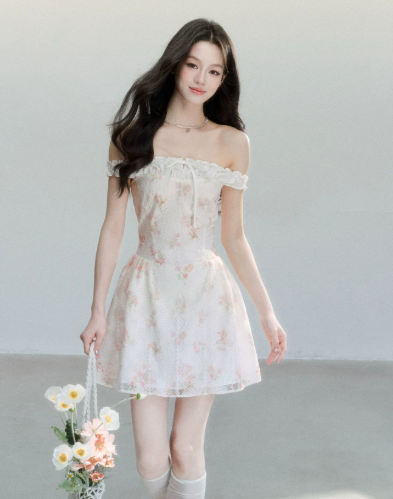 Floral Print Off The Shoulder Mini Dress Women With Lace Trim And Bow Detail R9410