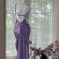 Purple halter-neck, fitted waist, backless, sexy bodycon long ball gown R7601