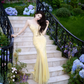 Yellow Spaghetti Strap Waist-Cinched Fitted Mermaid Hem Prom Dress R7085