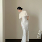 White V-neck sequin waist-cinched slim-fit bodycon long prom dress R7952