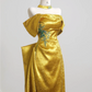 Gold off-shoulder fitted waist long elegant and sexy ball gown R8226