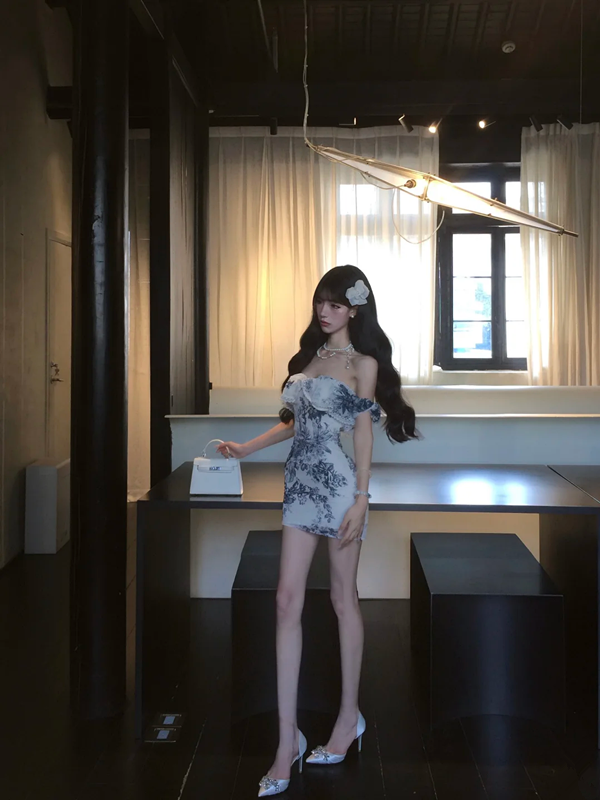 Navy blue printed one-shoulder waist slim hip skirt homecoming dress R5075