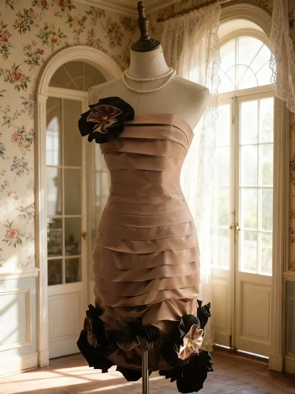 Champagne pink strapless fitted waist slim-fitting three-dimensional floral sexy short ball gown R6726