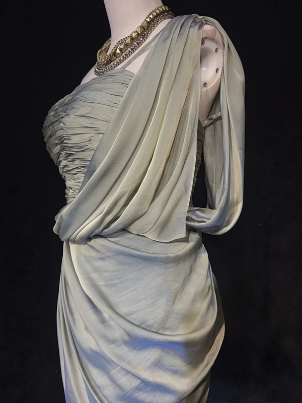 Light gray tube top pleated waist satin hip-length asymmetrical skirt homecoming dress R4995