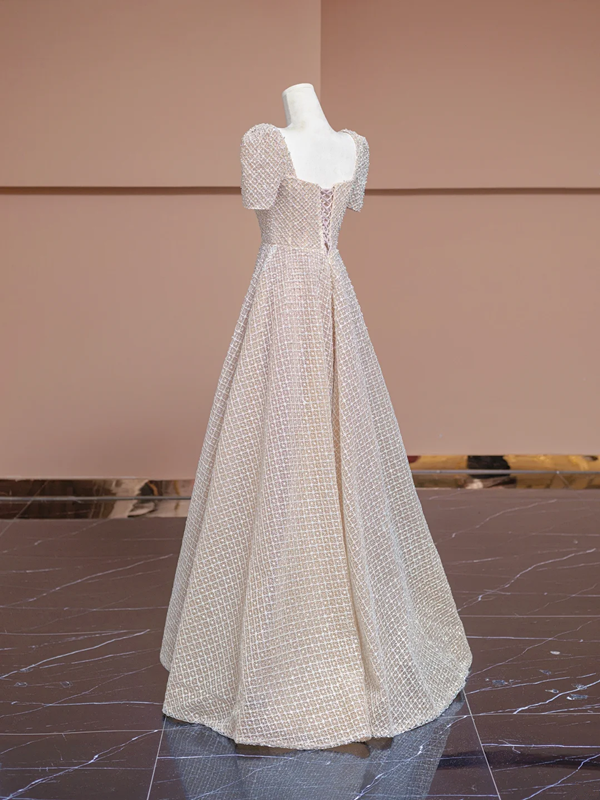 Nude pink square neckline, fitted waist, A-line skirt, long elegant ball gown, bridal dress R8305