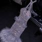 Gray-blue halter-neck fitted long ball gown R8792