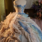 Light blue strapless, waist-cinched ball gown with a puffy skirt; bridal gown R7278
