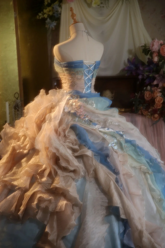 Light blue strapless, waist-cinched ball gown with a puffy skirt; bridal gown R7278