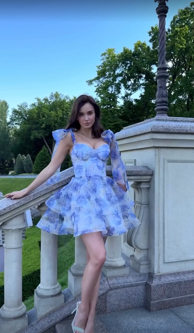 Blue floral halter waist puffy princess skirt homecoming dress R5436