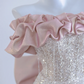Light pink off-the-shoulder neckline with silver sequins, fitted waist, bodycon silhouette, sexy long ball gown R8276
