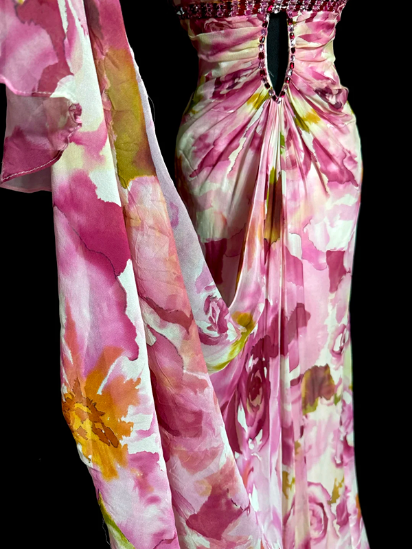 Pink strapless floral print fitted pleated sexy ball gown R6646