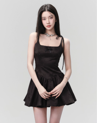 Black Jacquard Satin Cami Dress Women With Bow Detail And Flared Skirt R9407