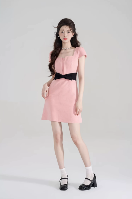 Pink & Black Contrast Dress, Women's Square Neck with Black Bow Waist A-Line Mini Dress R9337