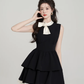 Coquette Black Tiered Mini Dress, Women's Sleeveless Bow Neck Dress with Lace Trim R9326
