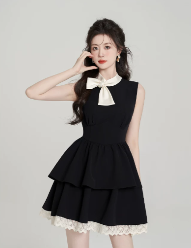 Coquette Black Tiered Mini Dress, Women's Sleeveless Bow Neck Dress with Lace Trim R9326