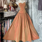 Orange-pink halter-neck fitted long ball gown with a full skirt R8112