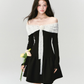Black And White Off The Shoulder Mini Dress With Lace Trim And Bow Detail R9448