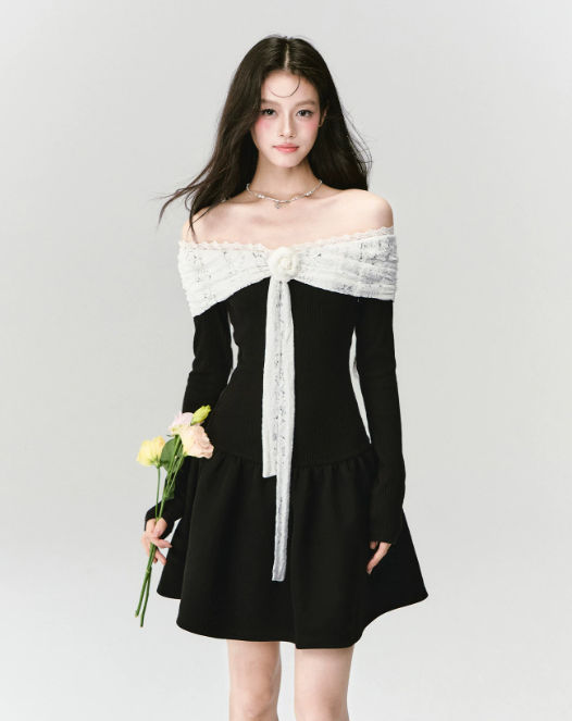 Black And White Off The Shoulder Mini Dress With Lace Trim And Bow Detail R9448