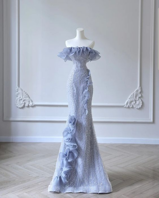 Blue one-shoulder ruffled waist slim-fitting hip maxi dress, prom dress R5615