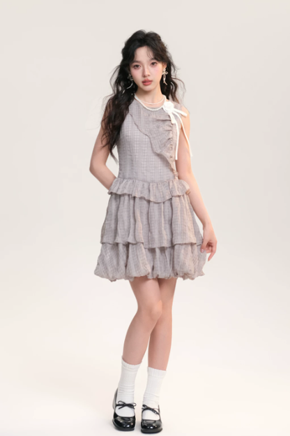 Elegant Coquette Gray Plaid Sleeveless Mini Dress With Tiered Skirt And Floral Accent R9302