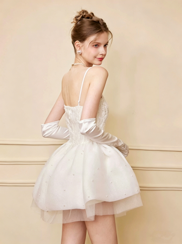 SainteYunne Swan Mirror White Tulle Mini Dress Pearl Embellished Corset Formal Cocktail Party Gown R9207